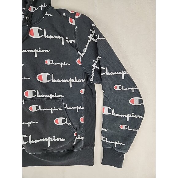 Vintage Reverse Weave Champion All Over Print Logo Black Hoodie Size Medium - Picture 3 of 13